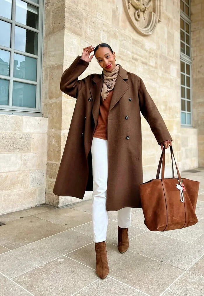 18. Brown Coat and White Jeans