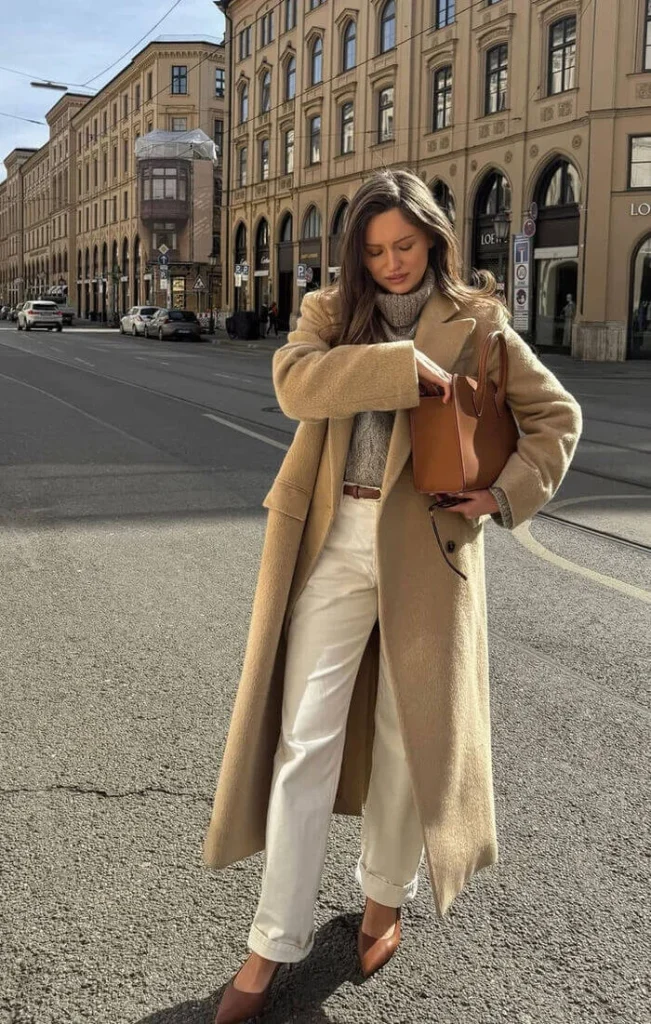 21. Camel Coat and Cream Denim